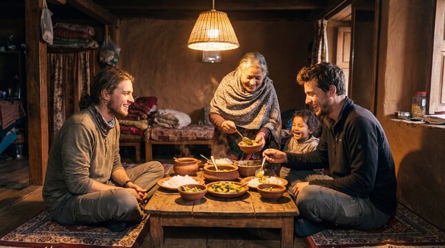 Travelers Sharing Home Cooked Dinner With Local Host Family