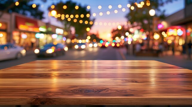 Wooden table surface in front of a blurry street scene at dusk.
