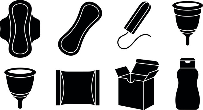 Black Feminine Hygiene Products Silhouette Vector Set with Sanitary Pad, Tampon, Menstrual Cup, and Panty Liner Icons for Women Health Care Designs