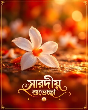 Fresh Shiuli flower on ground with Bengali Sharodiya Shubhechha text