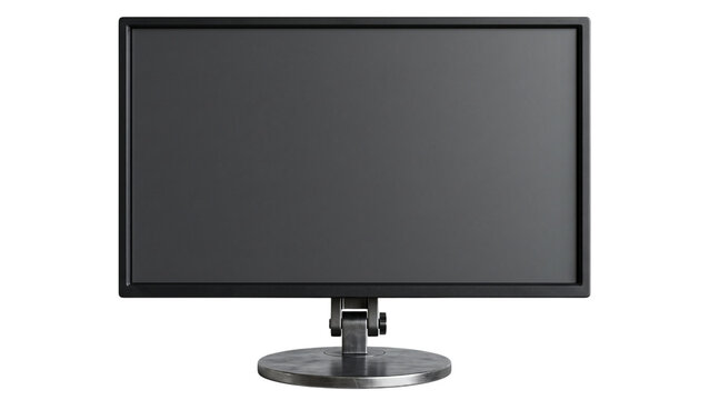 Front view flat screen computer monitor with round metallic stand isolated on transparent background for web design and workplace mockups.