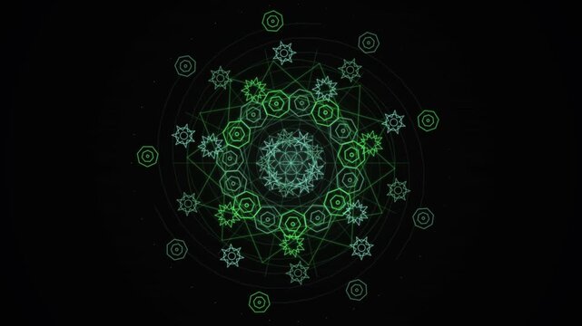 Green geometric star patterns forming a symmetrical circular looping design against a black background.
