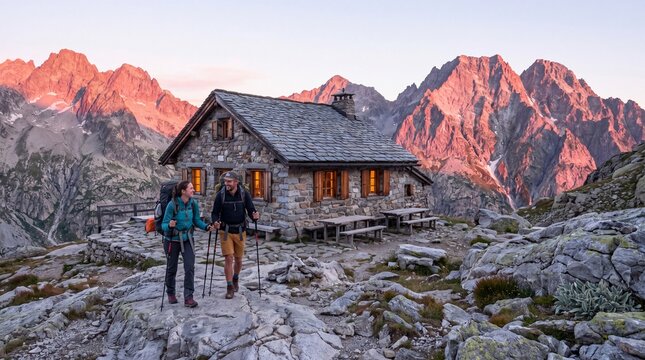Hikers Arriving at Stone Mountain Hut at Alpenglow Sunset