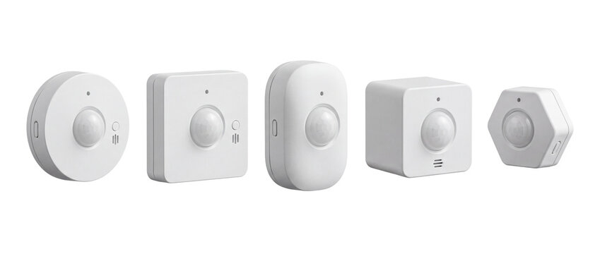 Smart motion sensor set wireless white IoT home security detectors in various geometric shapes isolated on black background for smart home automation, burglar alarm and indoor surveillance system