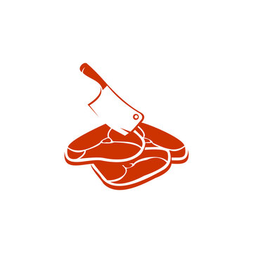A bold, orange-toned vector icon or graphic logo depicting a butcher's cleaver resting above a stack of raw meat steaks or chops. The clean, minimalist silhouette design makes it suitable for branding
