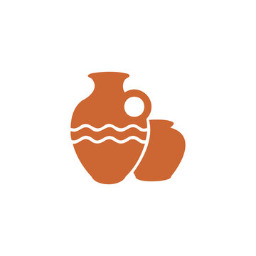 A terracotta-colored vector icon or graphic logo depicting traditional ceramic pottery, featuring a large jug with a handle and wavy decorative patterns alongside a smaller pot. The clean, 
