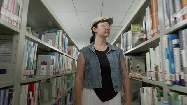 An adult woman with a beret and glasses browses books on library shelves in an indoor reading space.