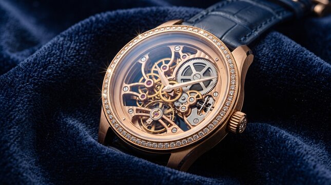 Luxury golden skeleton watch with intricate clockwork mechanism on dark blue velvet