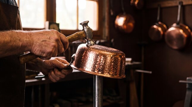 Coppersmith Hammering Shiny Copper Pot by Hand