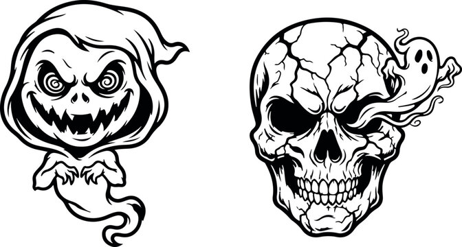 A vintage black and white illustration depicts a frightening ghost and a decaying skull with wisps of smoke ideal for halloween designs and horror concepts