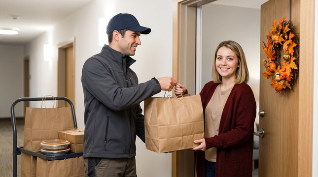 Smiling delivery man handing paper bag to woman at apartment door, food delivery service and online ordering