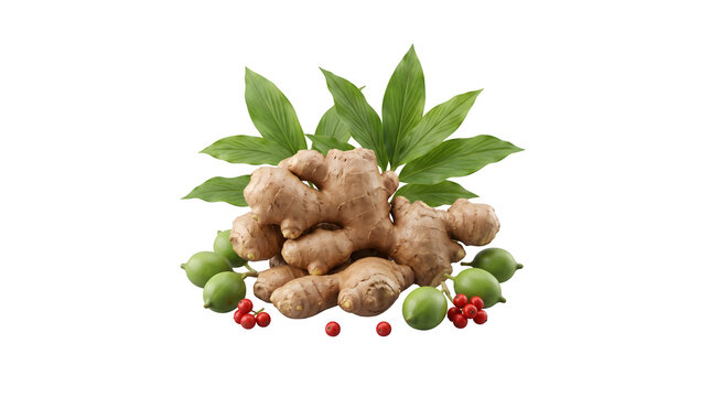Fresh ginger root with green leaves and berries isolated on transparent background 