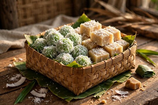 Traditional Indonesian Snacks Klepon and Getuk In Woven Bamboo Basket Besek With Banana Leaf
