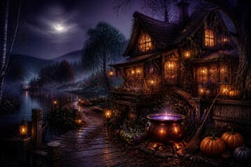Obraz premium Enchanted lakeside cottage glows beneath a moonlit autumn sky