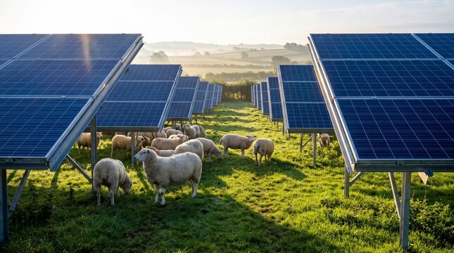 Sheep Grazing Under Solar Panels in Agrivoltaic Farm