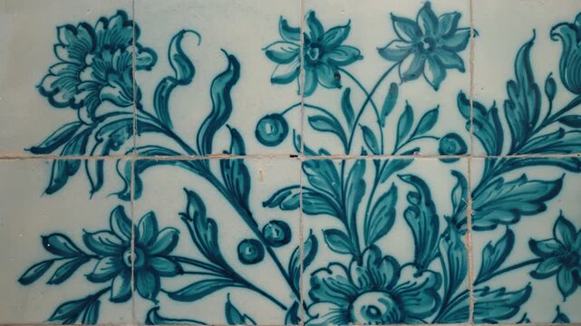 Hand painted blue and white ceramic tiles with a floral pattern of flowers, leaves and stems, set on a wall.