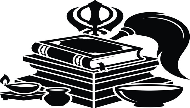 Black and white vector illustration of Guru Granth Sahib with Khanda and Chaur Sahib