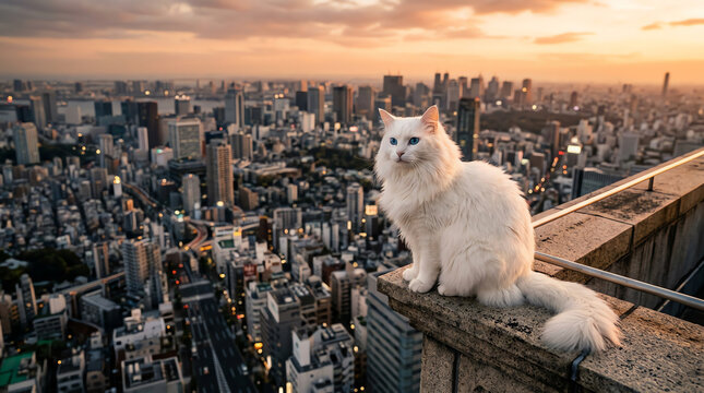Majestic white cat sitting on a skyscraper rooftop overlooking a sprawling city skyline at sunset