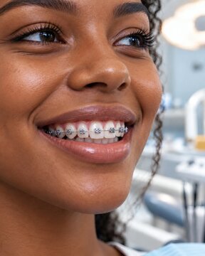 Smiling Woman with Metal Braces During Orthodontic Treatment in Clinic