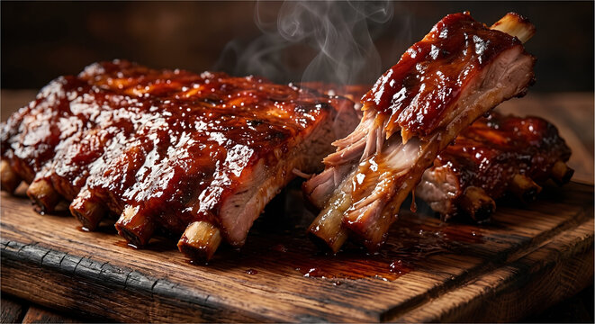 Slow-cooked tender BBQ pork ribs with sticky glossy caramelized sauce and meat falling off the bone