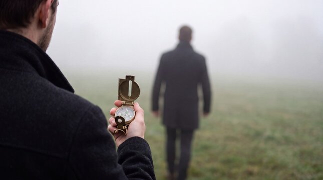 Businessman Holding Compass Walking Into Dense Fog Uncertainty