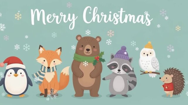 Festive woodland animals wearing winter clothing celebrate a cheerful merry christmas scene