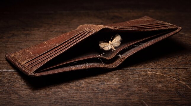 Open Empty Leather Wallet With Moth Flying Out Concept