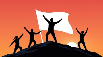 Obraz premium Silhouettes of triumphant people celebrating on a mountaintop with a flag at sunset.