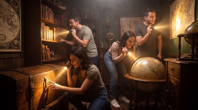 Friends Solving Puzzle With Flashlights in Escape Room