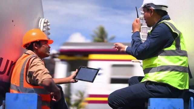 Engineer under inspection and checking construction process railway switch and checking work on railroad station .Engineer wearing safety uniform and safety helmet in work.	