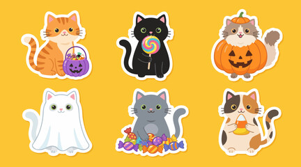 Fototapeta premium Cute cartoon cats and Halloween treats