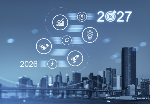 2027 forecast and future plan concept with business growth target, innovation, finance, strategy, and urban development timeline for the coming year.