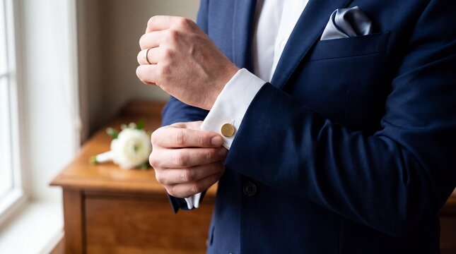 Groom Fastening Gold Cufflinks While Getting Ready for Wedding