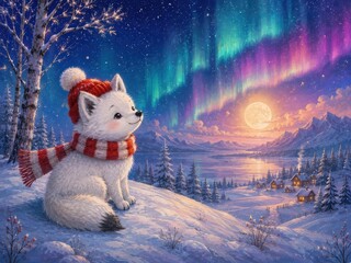 Fototapeta premium Cute winter fox beneath aurora sky above snowy mountain village
