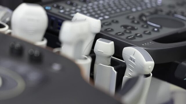 Modern ultrasound equipment with multiple probes for diagnostics, examination and medical imaging.