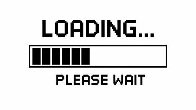 Pixel art loading bar with loading text isolated on white background. Retro gaming concept for user interfaces.