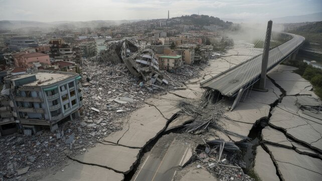 A city destroyed by an earthquake, where deep cracks in the ground, a collapsed highway overpass, and the ruins of residential buildings are visible.
