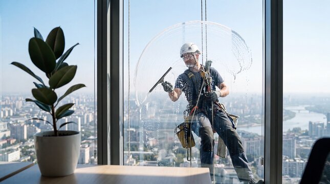 Window Washer Cleaning Skyscraper Glass Seen From Inside Office