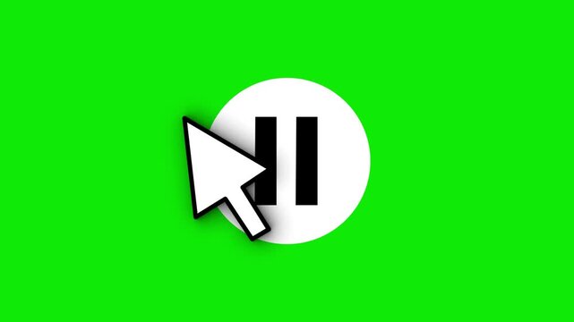 Clean white circular pause and play button icon and mouse arrow clicking over bright green screen background. Highly suitable for digital media playback interfaces. Apply standard chroma key effect.
