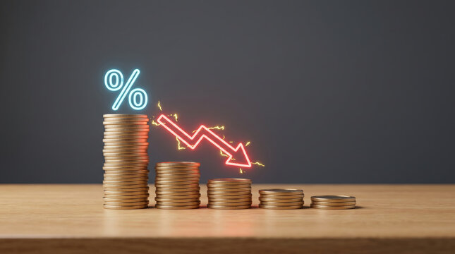 Coins stacked decrease with glowing percentage symbol and falling arrow. Finance investment recession crisis. money budget saving expense, value reduction down decayed, risk loss