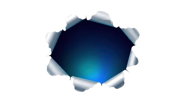 Torn metal sheet hole with blue light inside, isolated on transparent background
