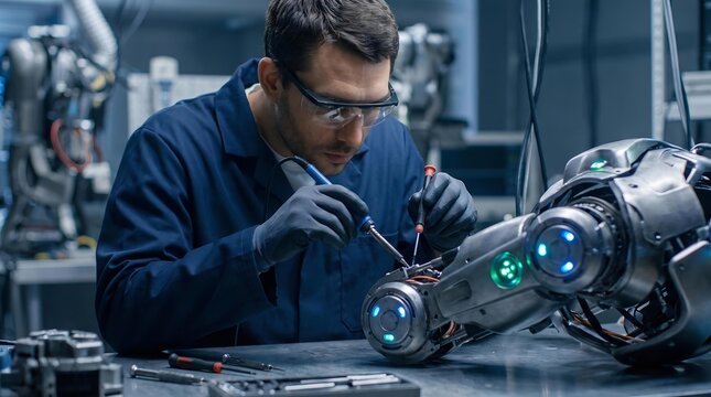 A technician works closely on a humanoid robot in a modern robotics laboratory, using precision tools to inspect its mechanical components.