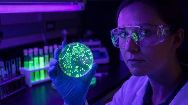 Scientist Examining Glowing Fluorescent Samples Under UV Light