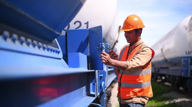Engineer under inspection and checking construction process railway switch and checking work on railroad station .Engineer wearing safety uniform and safety helmet in work.	