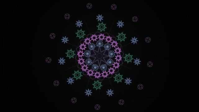 Complex mandala pattern featuring interlocking star shapes and circular elements in vibrant neon colors against a dark background, ideal for seamless looping animations.