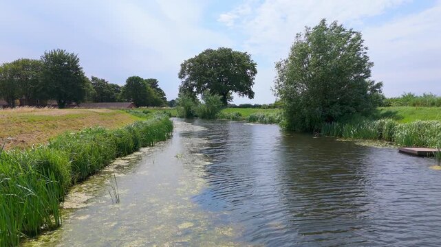 Calm river flows through green countryside