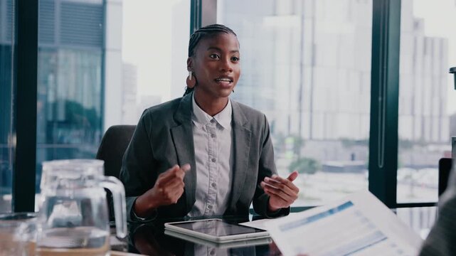 Businesswoman, paperwork and consultation in office with client, discussion or credit score for loan. Debt consultant, person talk and meeting with document for customer, liability review and advice.