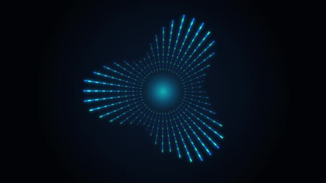 Abstract glowing blue and green digital sound equalizer graphic visualization radiating from a central glowing sphere against a dark navy background