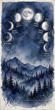 Moon phases over mountains night sky poster