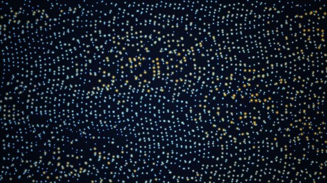 Abstract shimmering gold and silver particles floating on a dark blue cosmic background